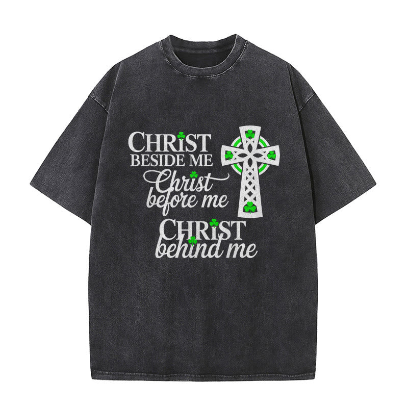 Christianartworkshop Christ Beside Me Celtic Cross Unisex Washed T-Shirt: Wear His Ever-Presence