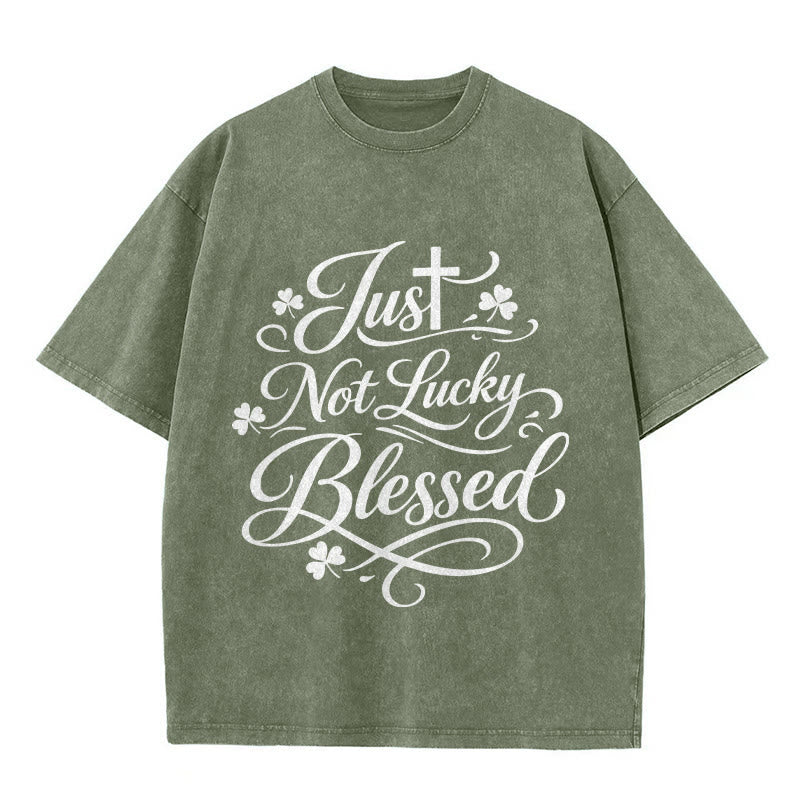 Christianartworkshop Just Not Lucky, Blessed Cross & Shamrock Unisex Washed T-Shirt