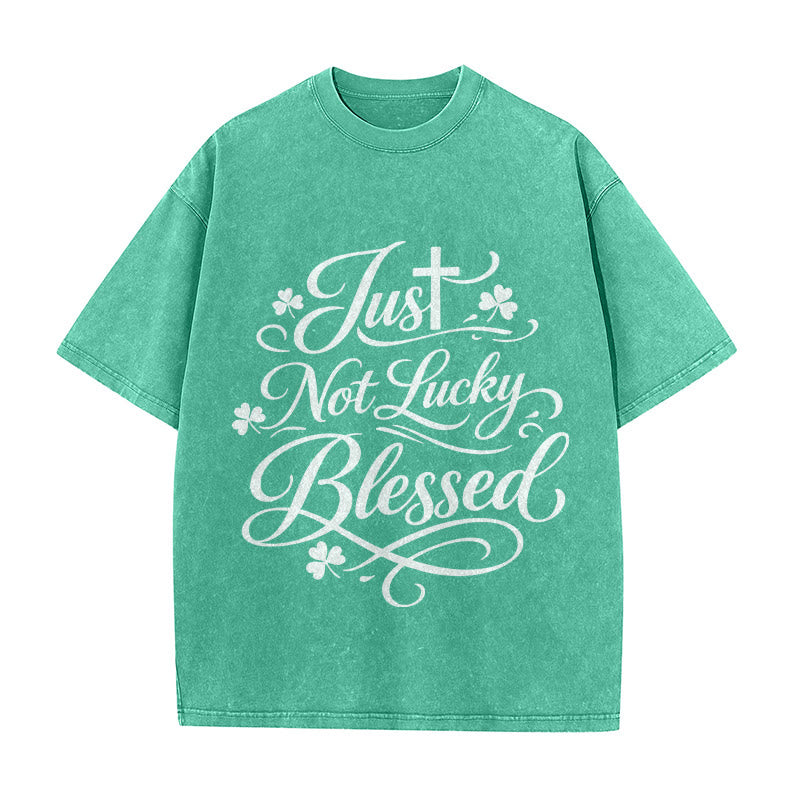 Christianartworkshop Just Not Lucky, Blessed Cross & Shamrock Unisex Washed T-Shirt