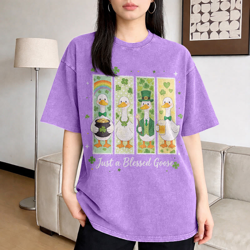 Christianartworkshop Just a Blessed Goose St. Patrick鈥檚 Day Unisex Washed T-Shirt