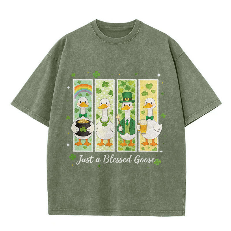 Christianartworkshop Just a Blessed Goose St. Patrick鈥檚 Day Unisex Washed T-Shirt