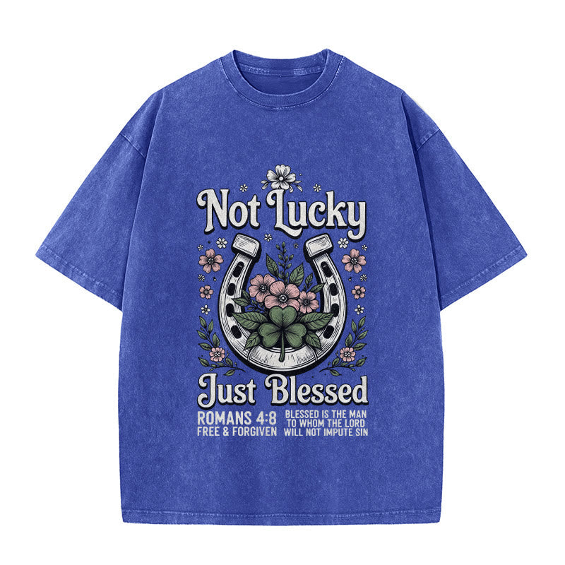 Christianartworkshop Not Lucky Just Blessed" Romans 4:8 Unisex Washed T-Shirt