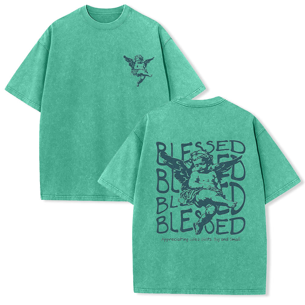 Christianartworkshop Inspired Blessed T-Shirt with Cherub Design Unisex Washed T-Shirt