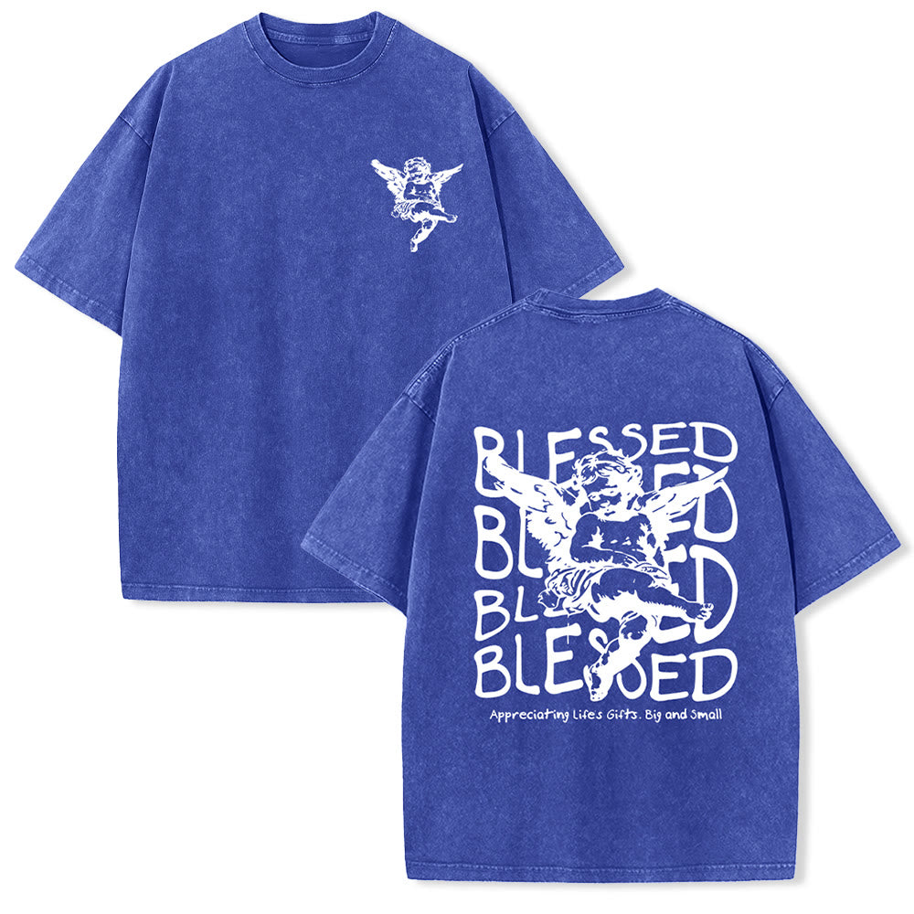 Christianartworkshop Inspired Blessed T-Shirt with Cherub Design Unisex Washed T-Shirt
