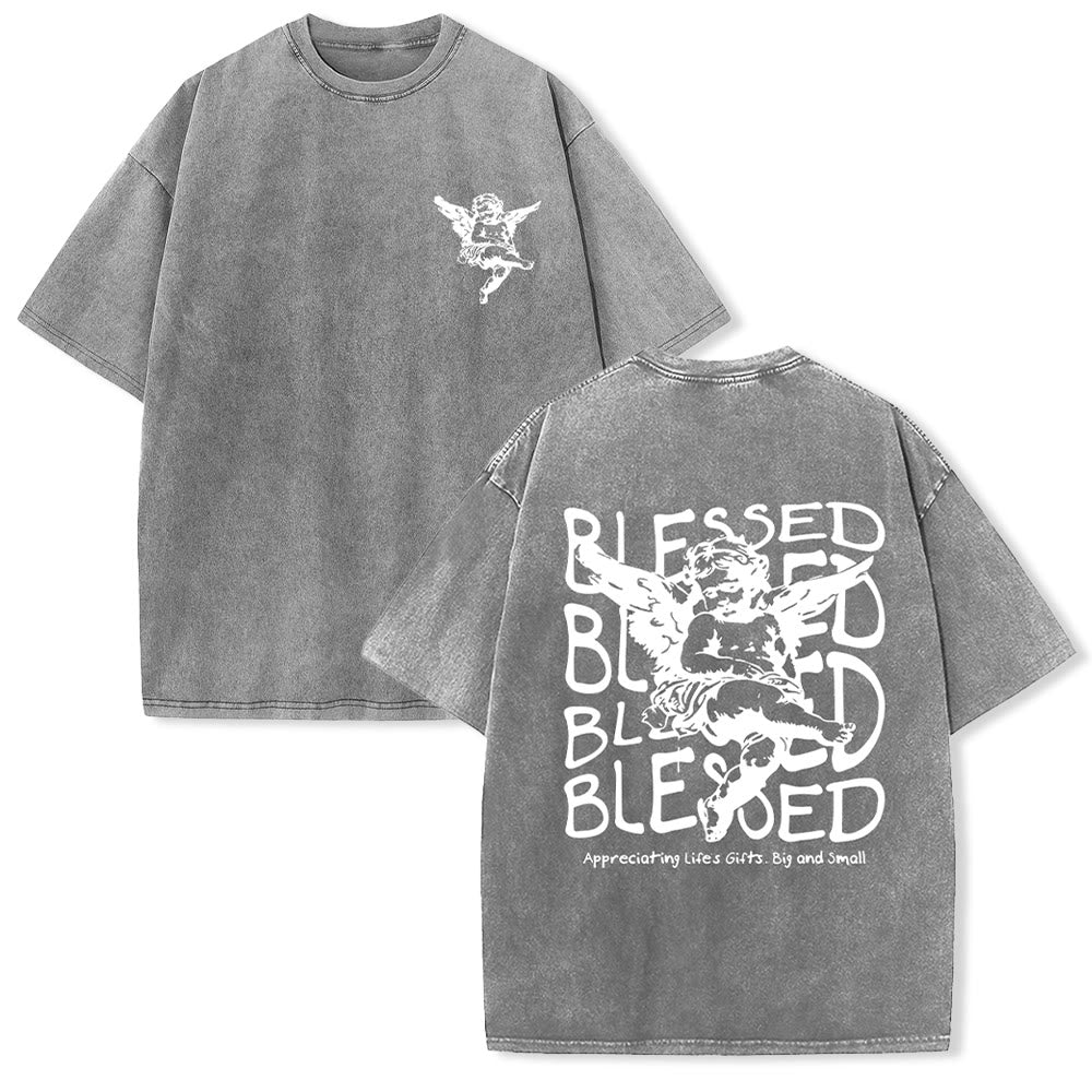 Christianartworkshop Inspired Blessed T-Shirt with Cherub Design Unisex Washed T-Shirt