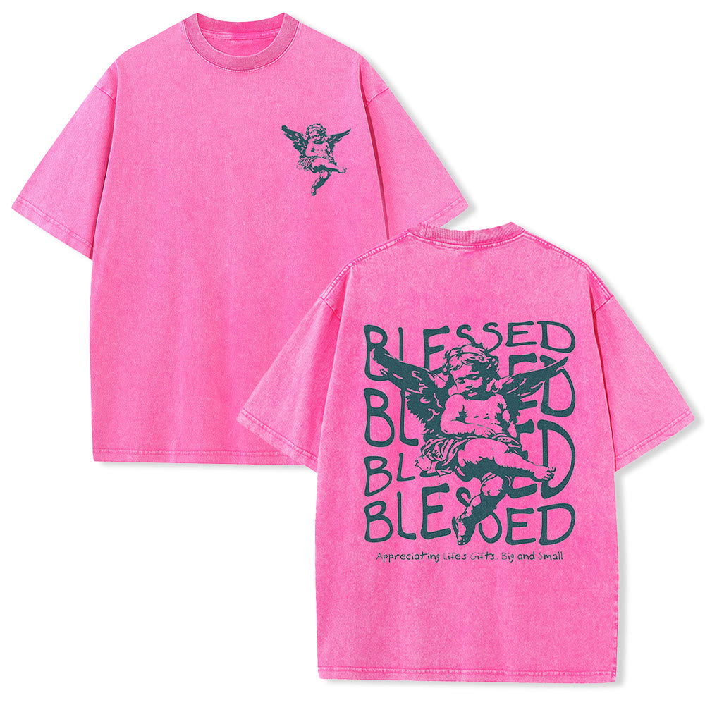 Christianartworkshop Inspired Blessed T-Shirt with Cherub Design Unisex Washed T-Shirt
