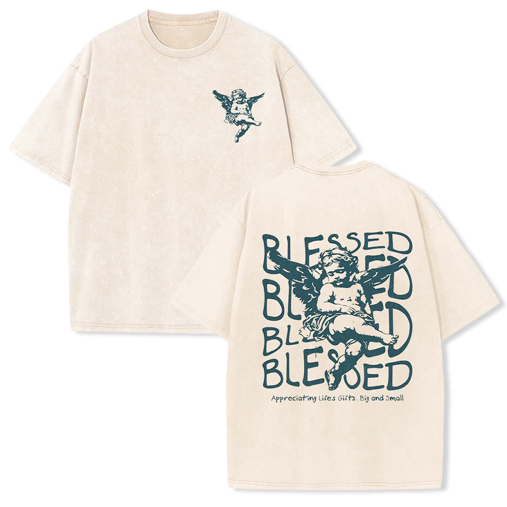 Christianartworkshop Inspired Blessed T-Shirt with Cherub Design Unisex Washed T-Shirt