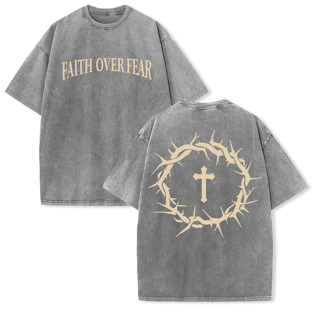 Christianartworkshop Faith Over Fear Thorn Cross Unisex Washed T-Shirt