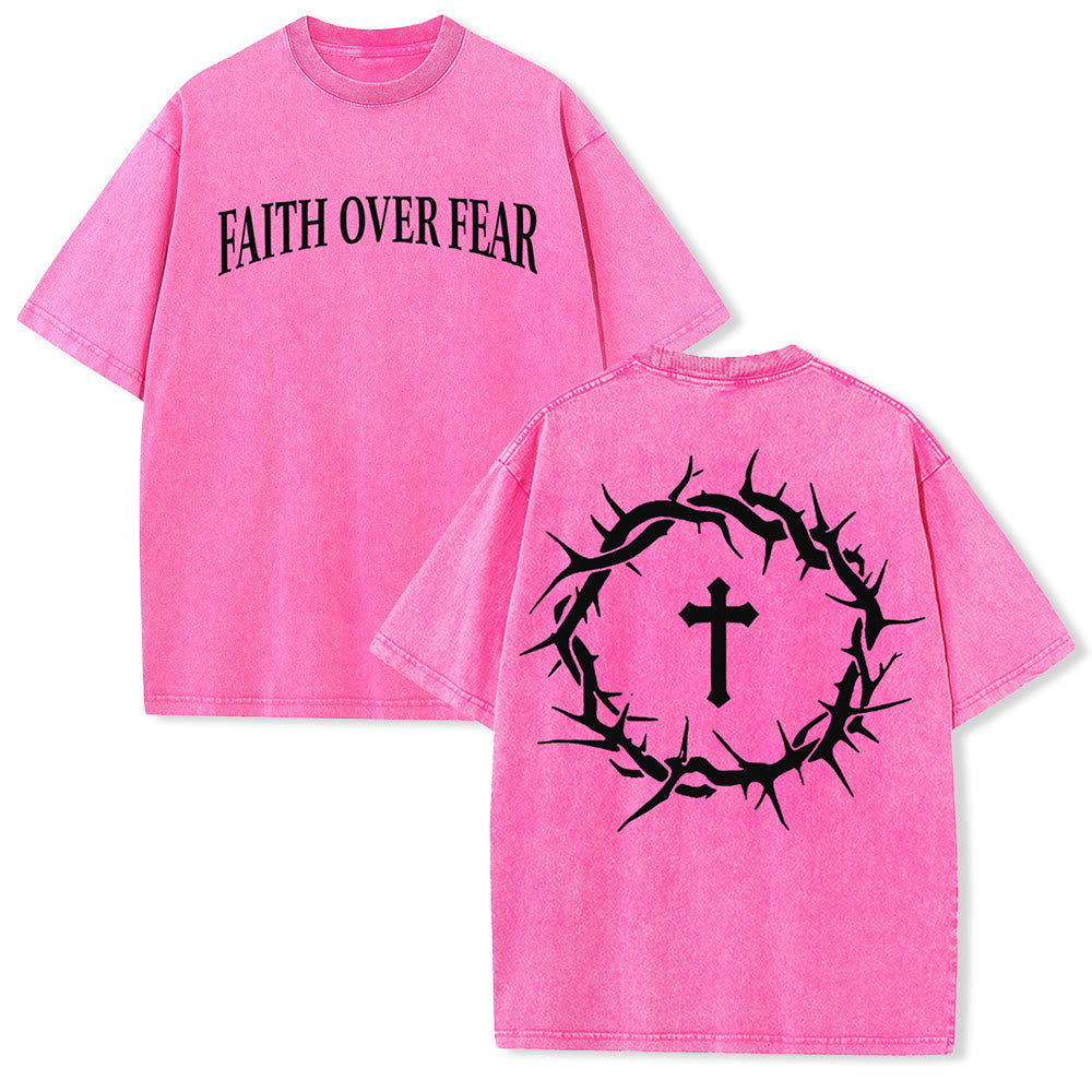 Christianartworkshop Faith Over Fear Thorn Cross Unisex Washed T-Shirt