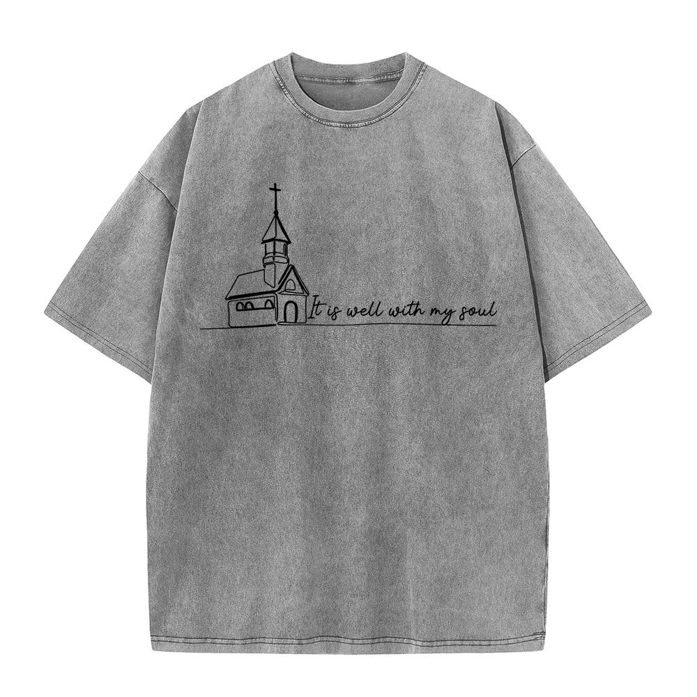 Christianartworkshop It Is Well With My Soul Church Sketch Line Art Unisex Washed T-shirt