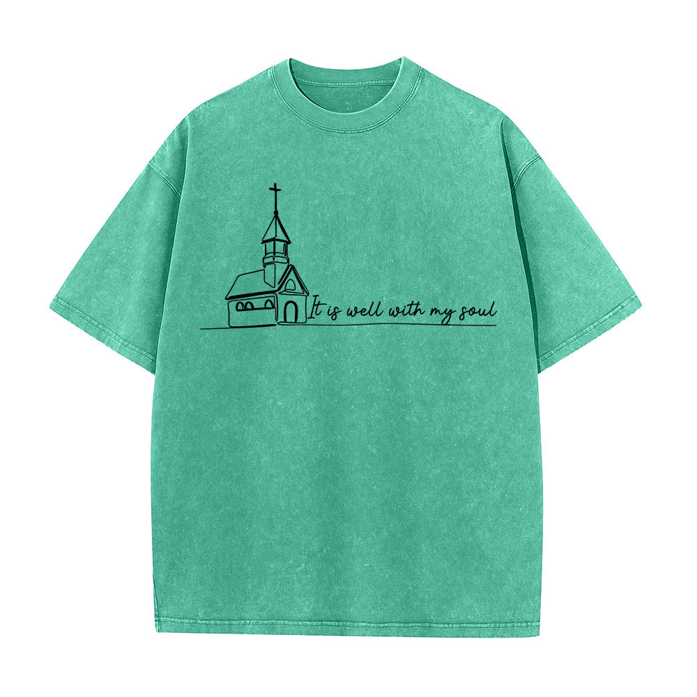 Christianartworkshop It Is Well With My Soul Church Sketch Line Art Unisex Washed T-shirt