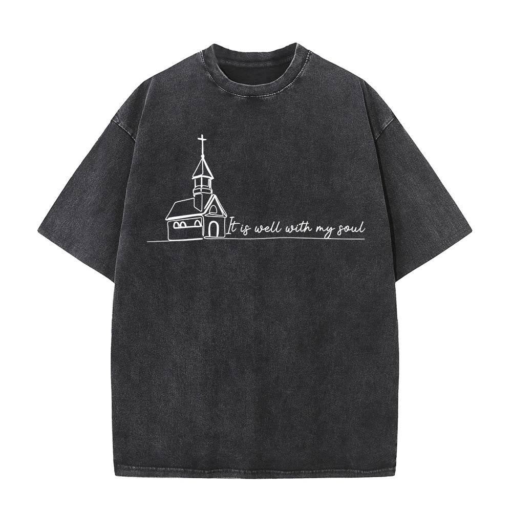Christianartworkshop It Is Well With My Soul Church Sketch Line Art Unisex Washed T-shirt