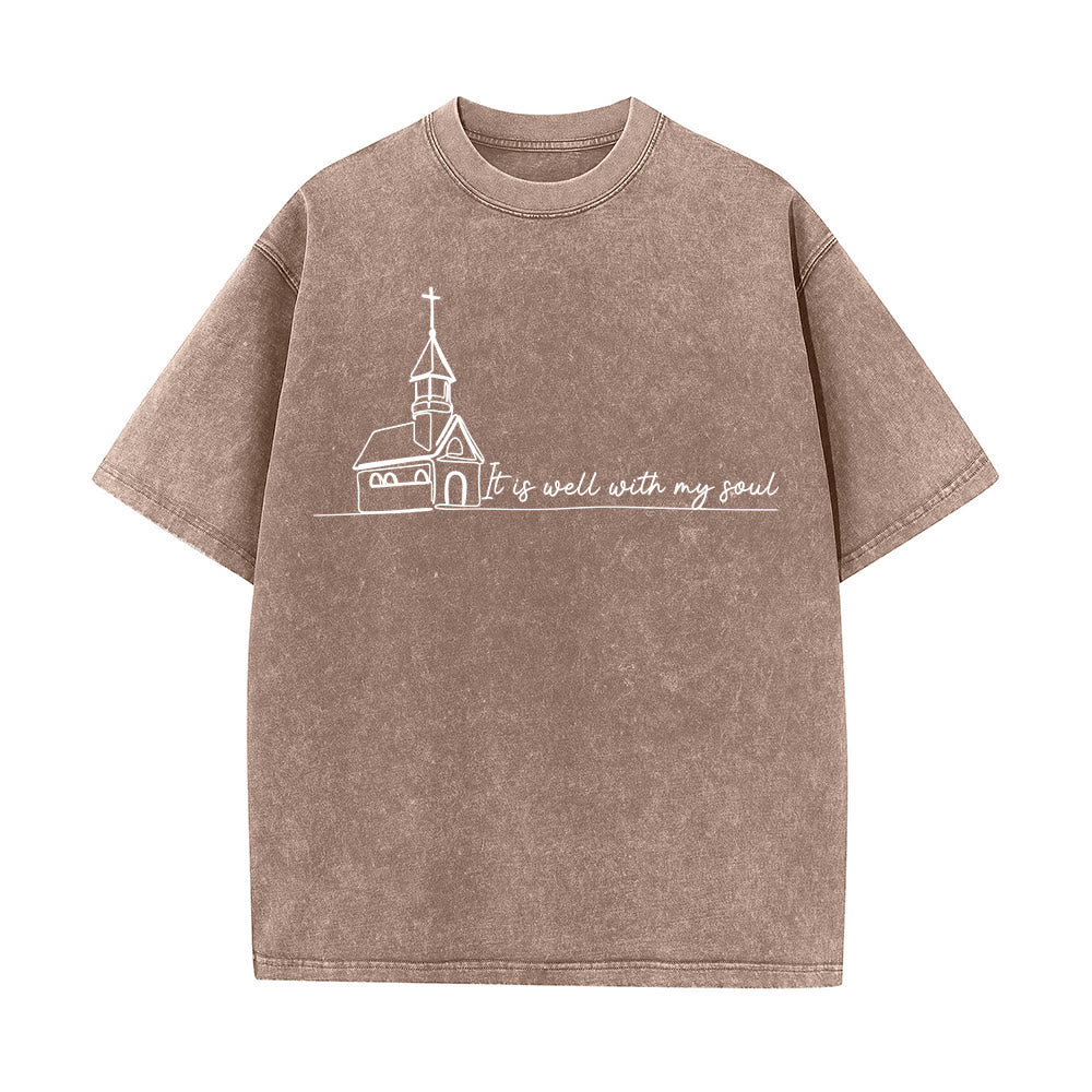 Christianartworkshop It Is Well With My Soul Church Sketch Line Art Unisex Washed T-shirt