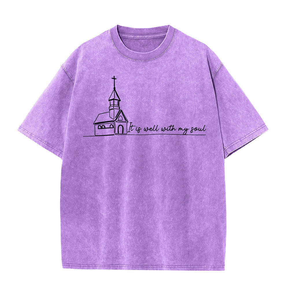 Christianartworkshop It Is Well With My Soul Church Sketch Line Art Unisex Washed T-shirt