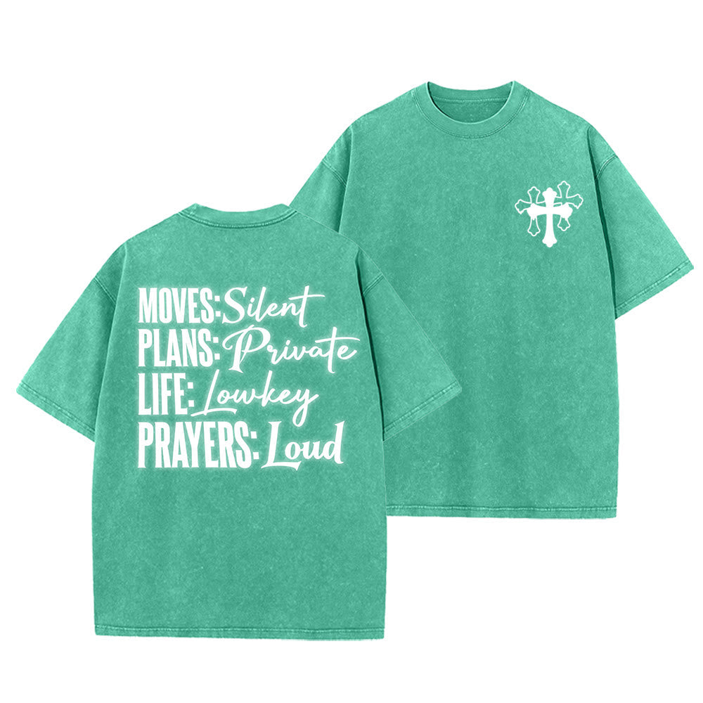 Christianartworkshop Moves Silent Prayers Loud Stylized Cross Mixed Lettering Unisex Washed T-shirt