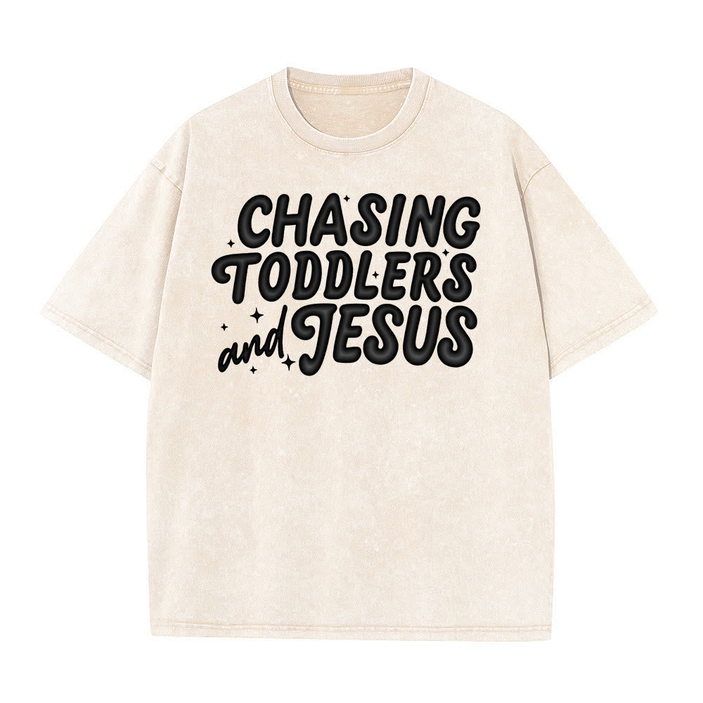 Christianartworkshop Chasing Toddlers and Jesus Bubble Letter Star Accent Unisex Washed T-shirt