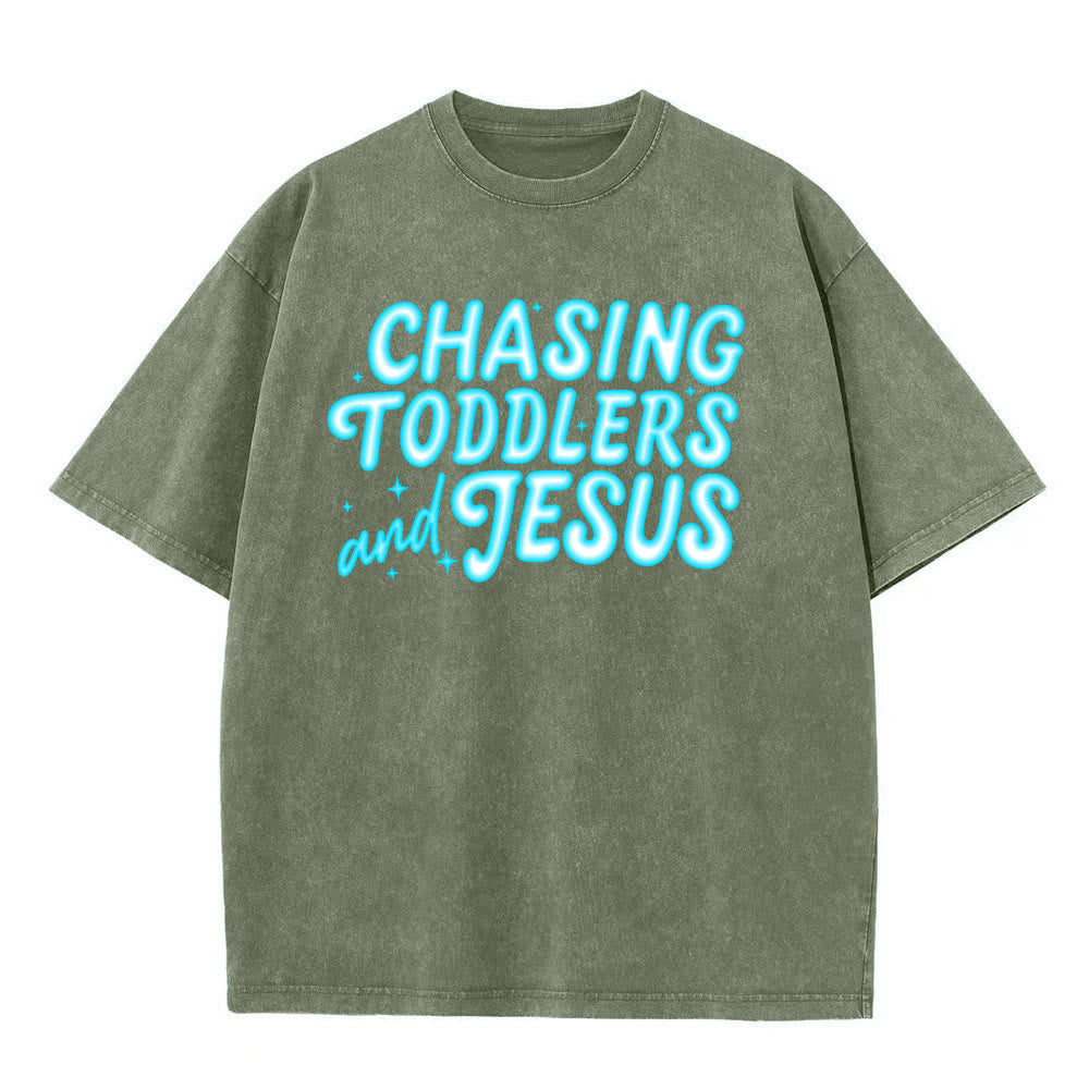 Christianartworkshop Chasing Toddlers and Jesus Bubble Letter Star Accent Unisex Washed T-shirt