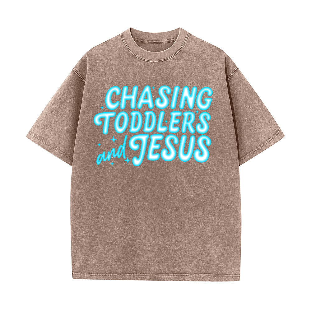 Christianartworkshop Chasing Toddlers and Jesus Bubble Letter Star Accent Unisex Washed T-shirt