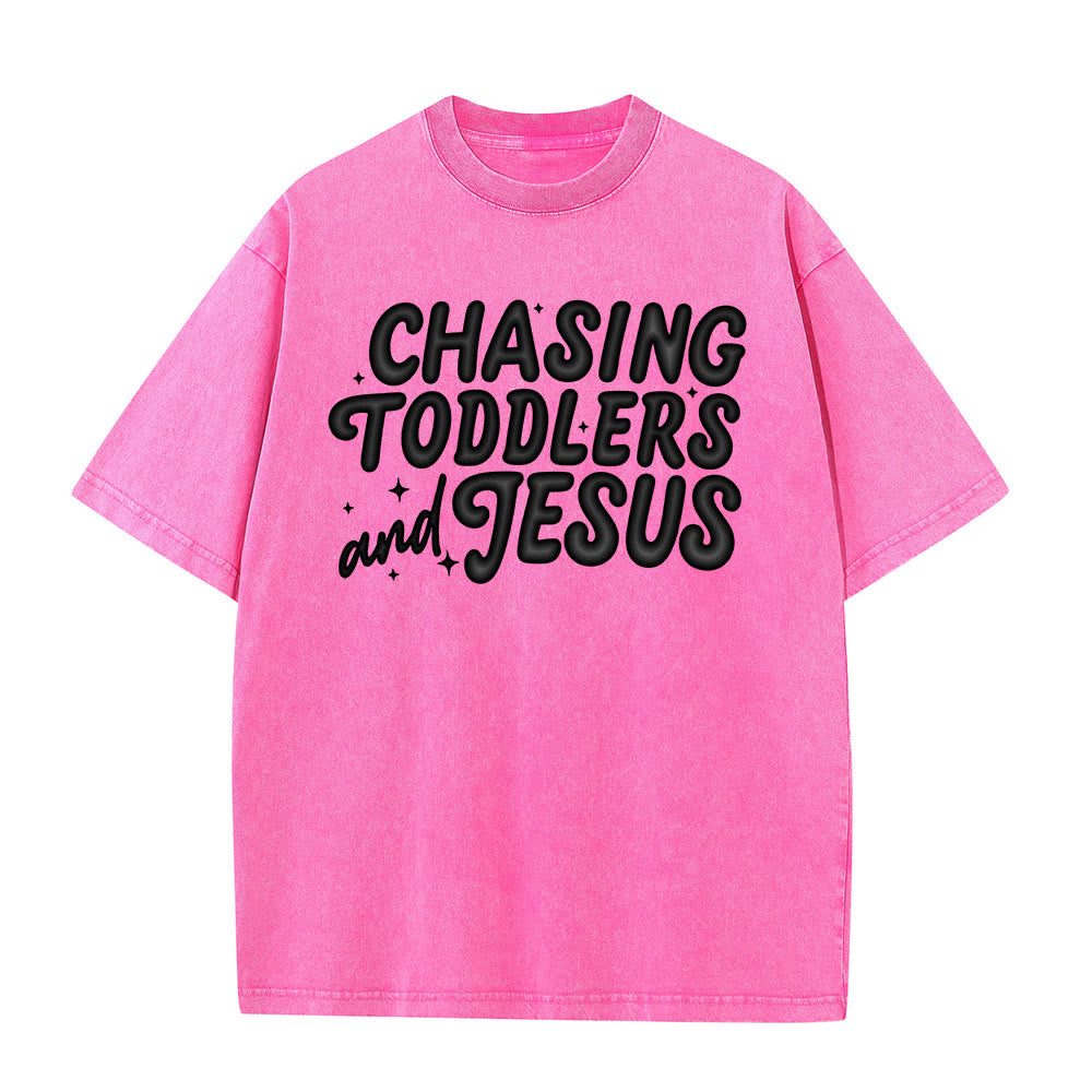 Christianartworkshop Chasing Toddlers and Jesus Bubble Letter Star Accent Unisex Washed T-shirt