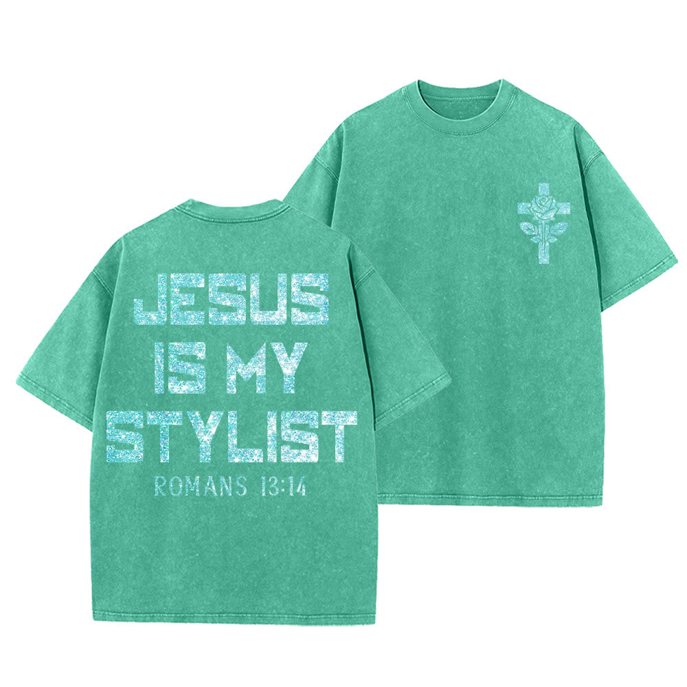 Christianartworkshop Jesus Is My Stylist Romans 13:14 Glitter Letter Rose Cross Unisex Washed T-shirt