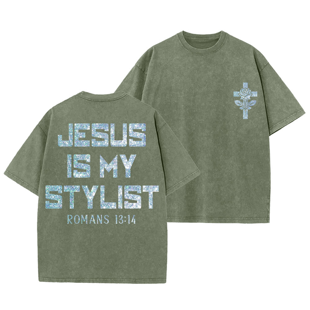 Christianartworkshop Jesus Is My Stylist Romans 13:14 Glitter Letter Rose Cross Unisex Washed T-shirt