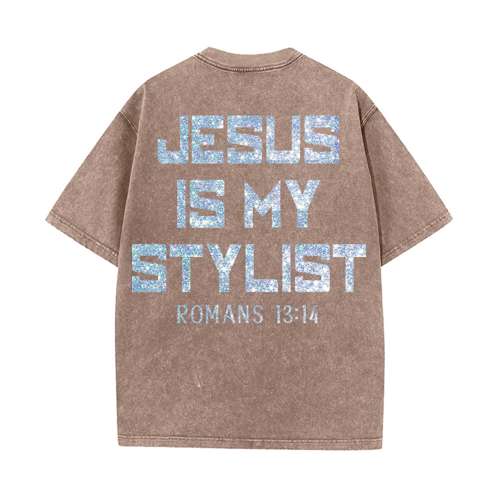 Christianartworkshop Jesus Is My Stylist Romans 13:14 Glitter Letter Rose Cross Unisex Washed T-shirt