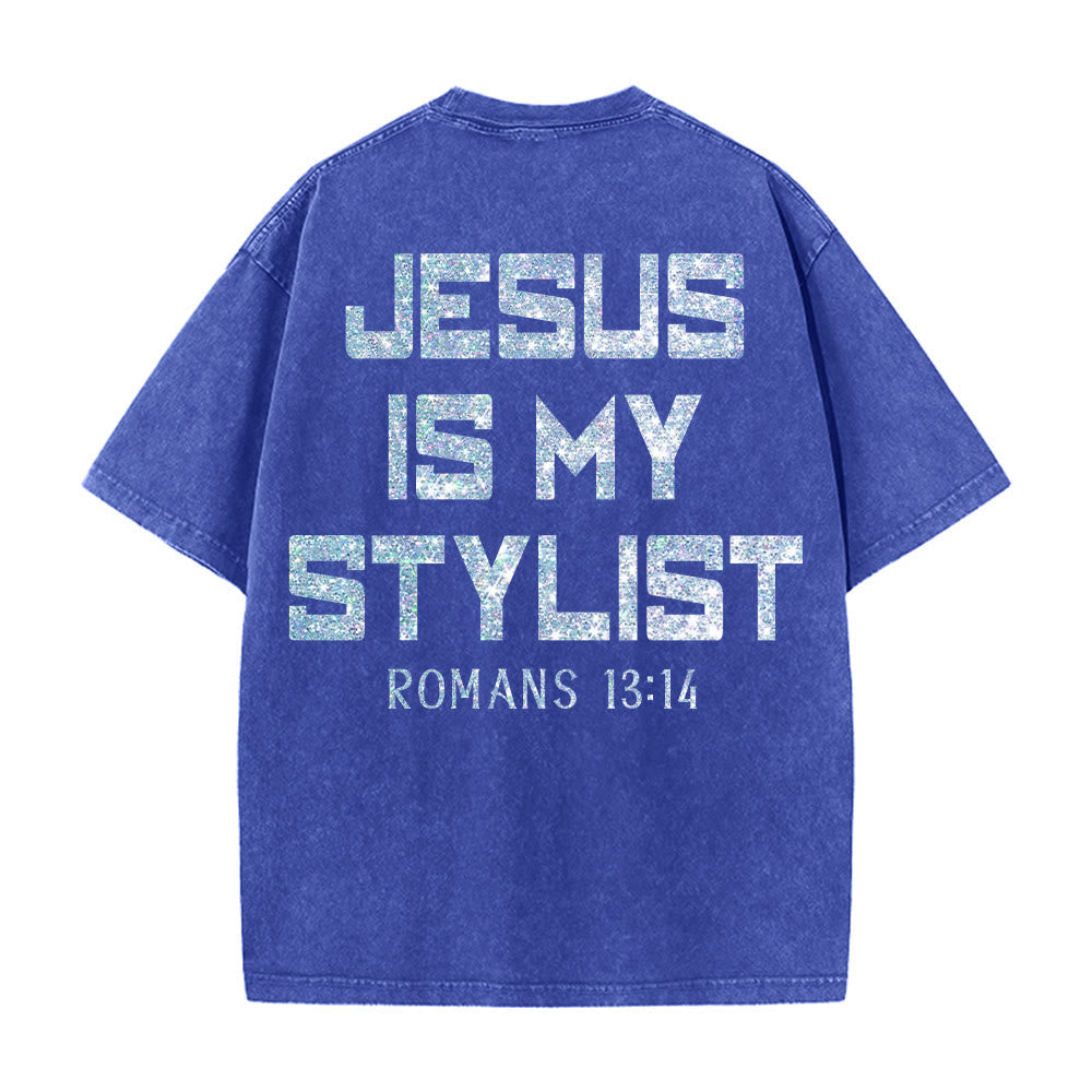 Christianartworkshop Jesus Is My Stylist Romans 13:14 Glitter Letter Rose Cross Unisex Washed T-shirt