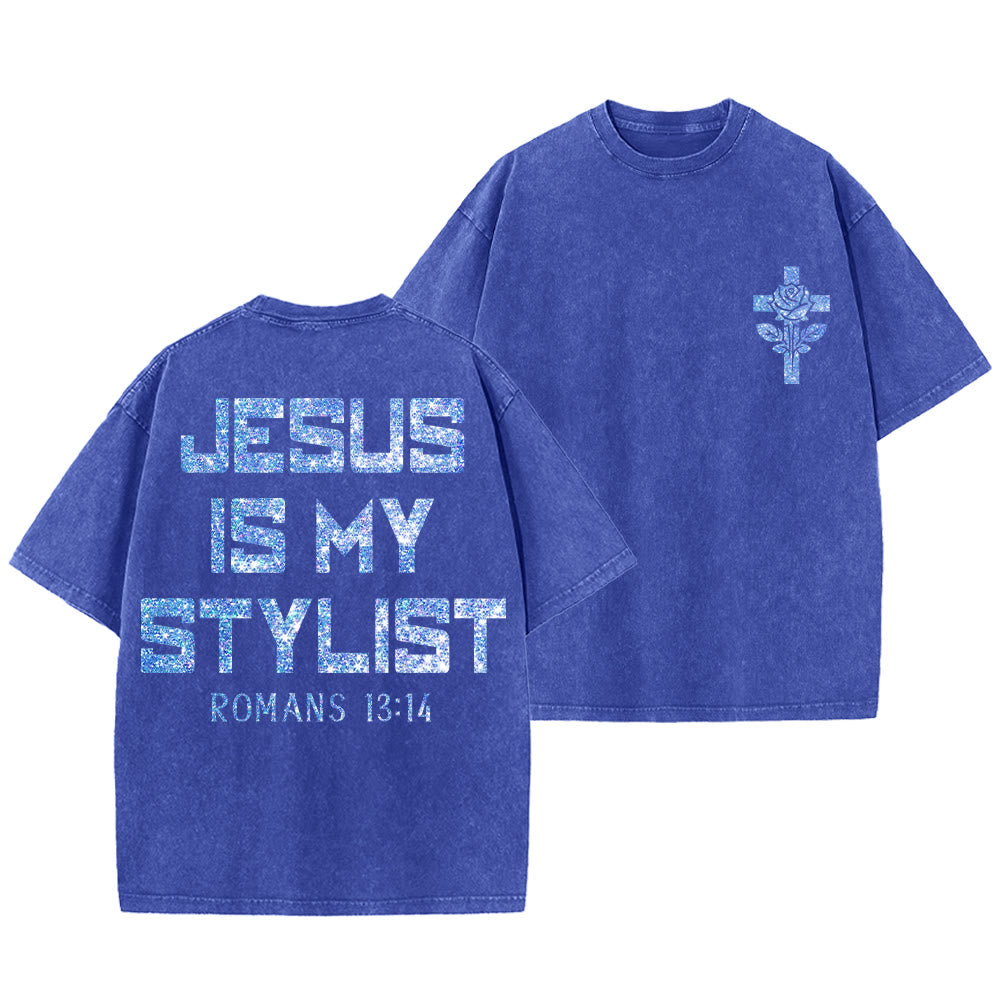 Christianartworkshop Jesus Is My Stylist Romans 13:14 Glitter Letter Rose Cross Unisex Washed T-shirt