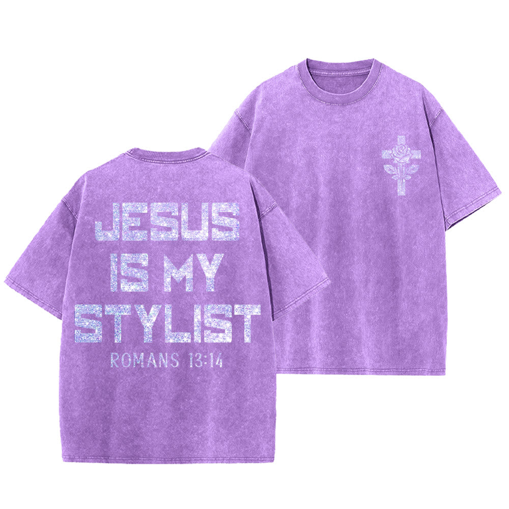 Christianartworkshop Jesus Is My Stylist Romans 13:14 Glitter Letter Rose Cross Unisex Washed T-shirt