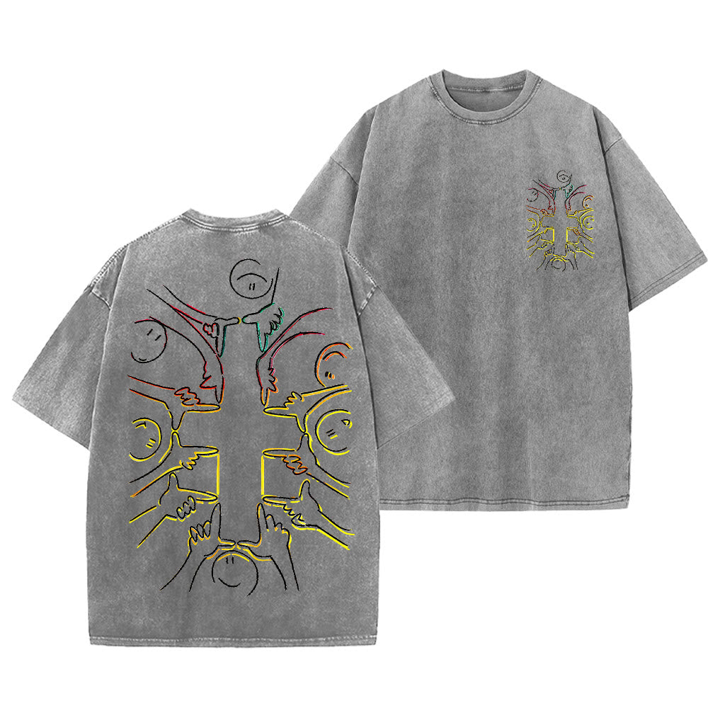Christianartworkshop Unity Cross Human Figure Line Art Unisex Washed T-shirt