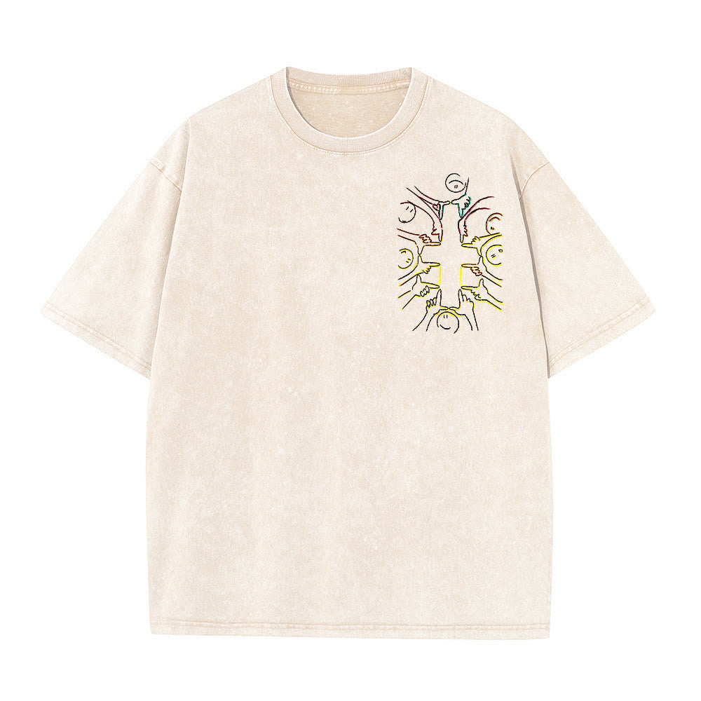 Christianartworkshop Unity Cross Human Figure Line Art Unisex Washed T-shirt