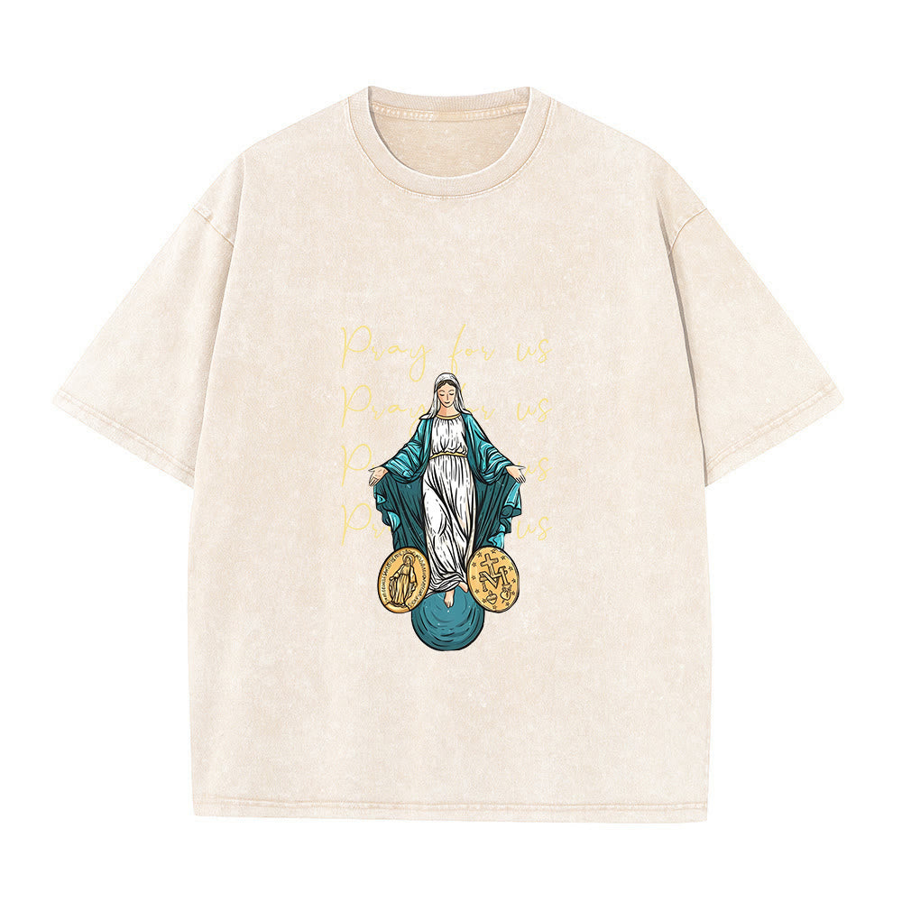 Christianartworkshop Pray For Us Virgin Mary Unisex Washed T-Shirt