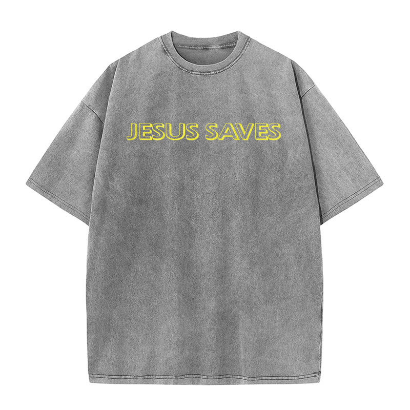 Christianartworkshop Jesus Saves Repeat Text Unisex Washed T-Shirt