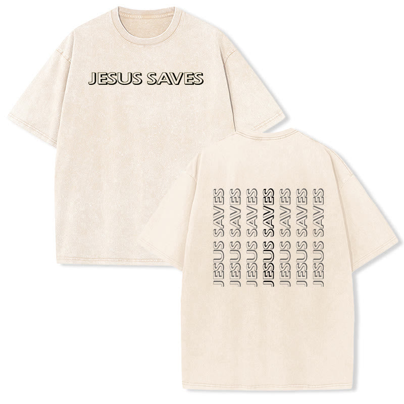 Christianartworkshop Jesus Saves Repeat Text Unisex Washed T-Shirt