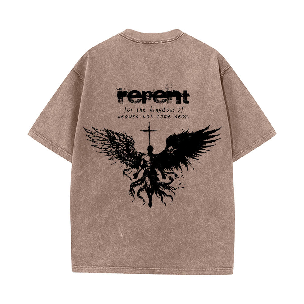 Christianartworkshop Repent For The Kingdom Of Heaven Unisex Washed T-Shirt