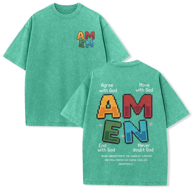 Christianartworkshop Amen Pixel Art Agree Move End Never Acronym Front And Back Print Washed T-Shirt