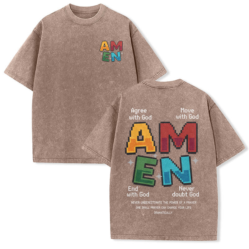 Christianartworkshop Amen Pixel Art Agree Move End Never Acronym Front And Back Print Washed T-Shirt