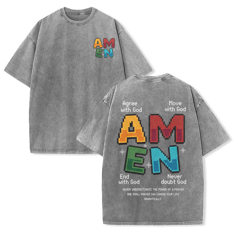 Christianartworkshop Amen Pixel Art Agree Move End Never Acronym Front And Back Print Washed T-Shirt