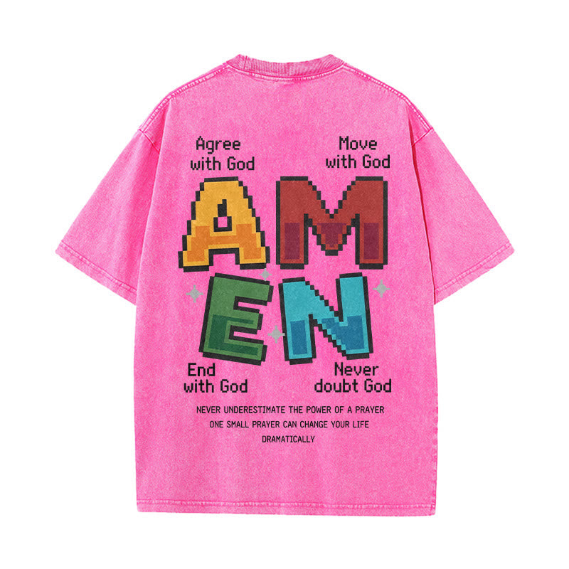Christianartworkshop Amen Pixel Art Agree Move End Never Acronym Front And Back Print Washed T-Shirt