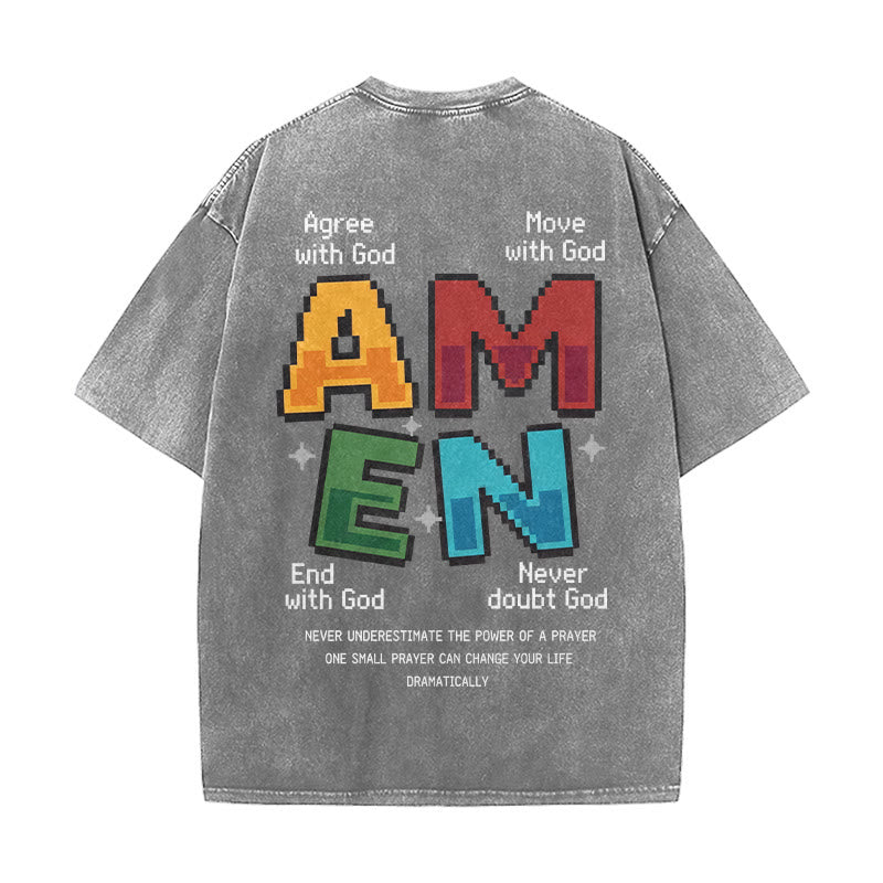 Christianartworkshop Amen Pixel Art Agree Move End Never Acronym Front And Back Print Washed T-Shirt