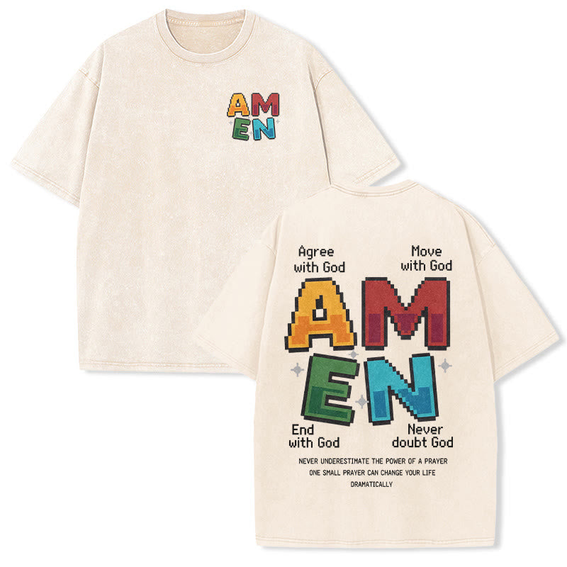 Christianartworkshop Amen Pixel Art Agree Move End Never Acronym Front And Back Print Washed T-Shirt