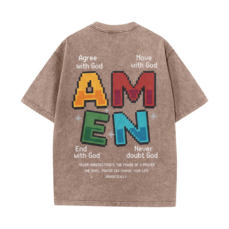 Christianartworkshop Amen Pixel Art Agree Move End Never Acronym Front And Back Print Washed T-Shirt