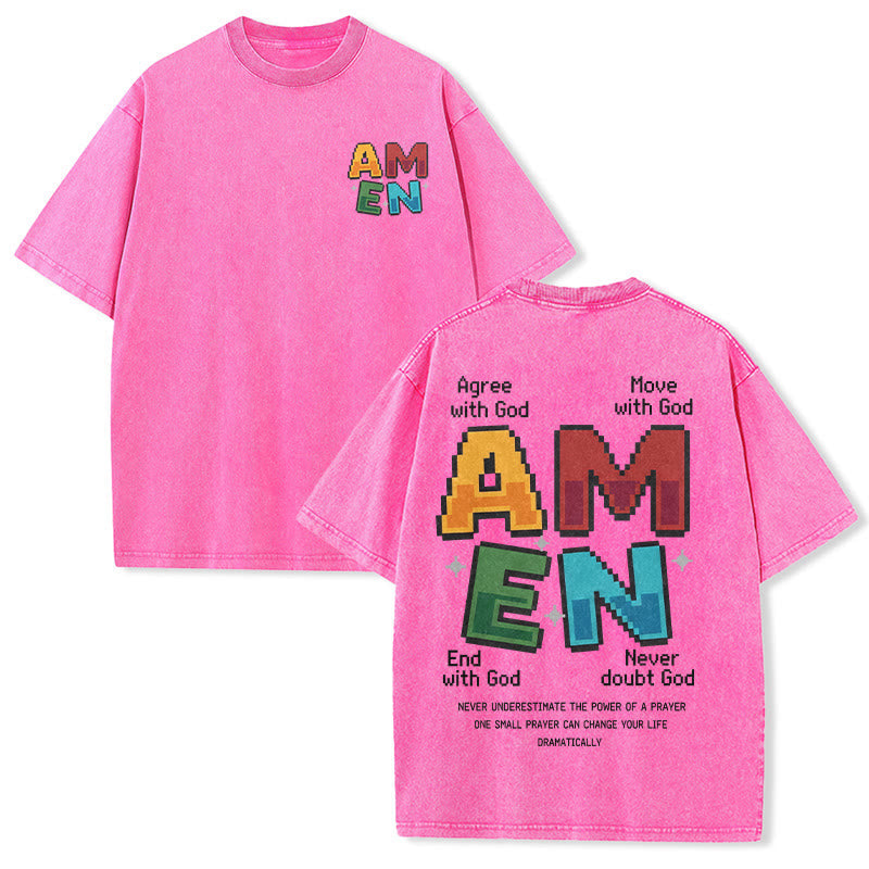 Christianartworkshop Amen Pixel Art Agree Move End Never Acronym Front And Back Print Washed T-Shirt