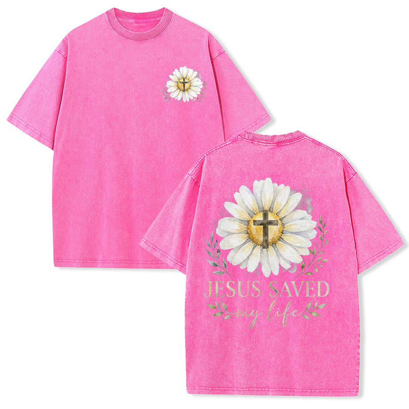 Christianartworkshop Jesus Saved My Life Watercolor Daisy Cross Front And Back Print Washed T-Shirt