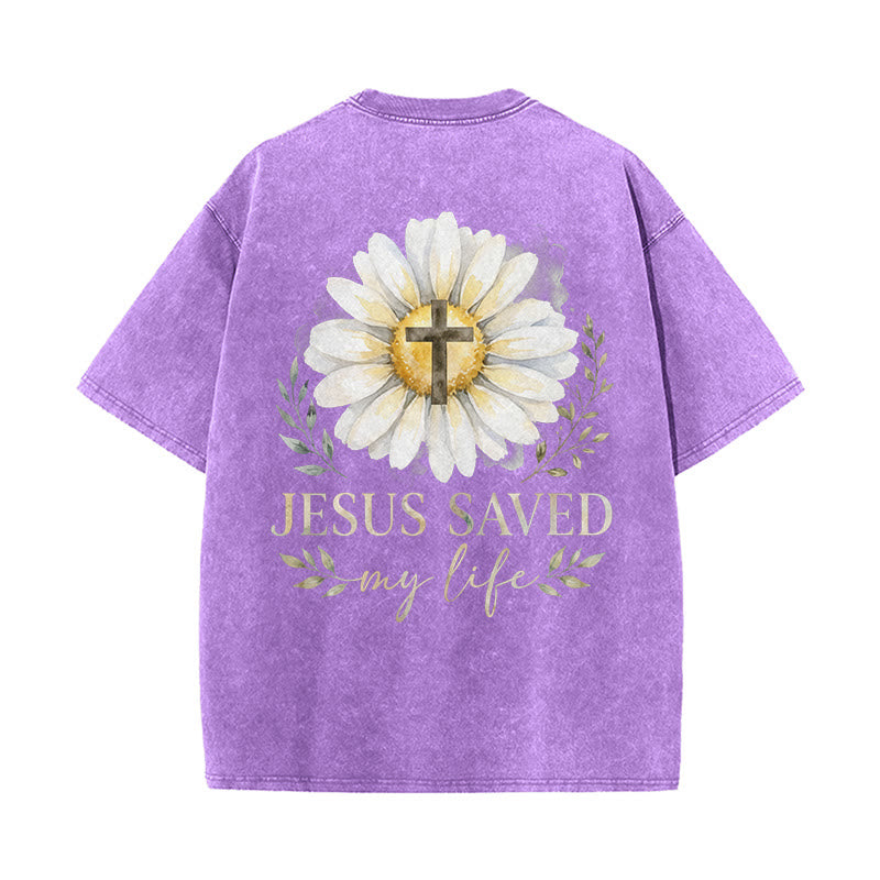 Christianartworkshop Jesus Saved My Life Watercolor Daisy Cross Front And Back Print Washed T-Shirt