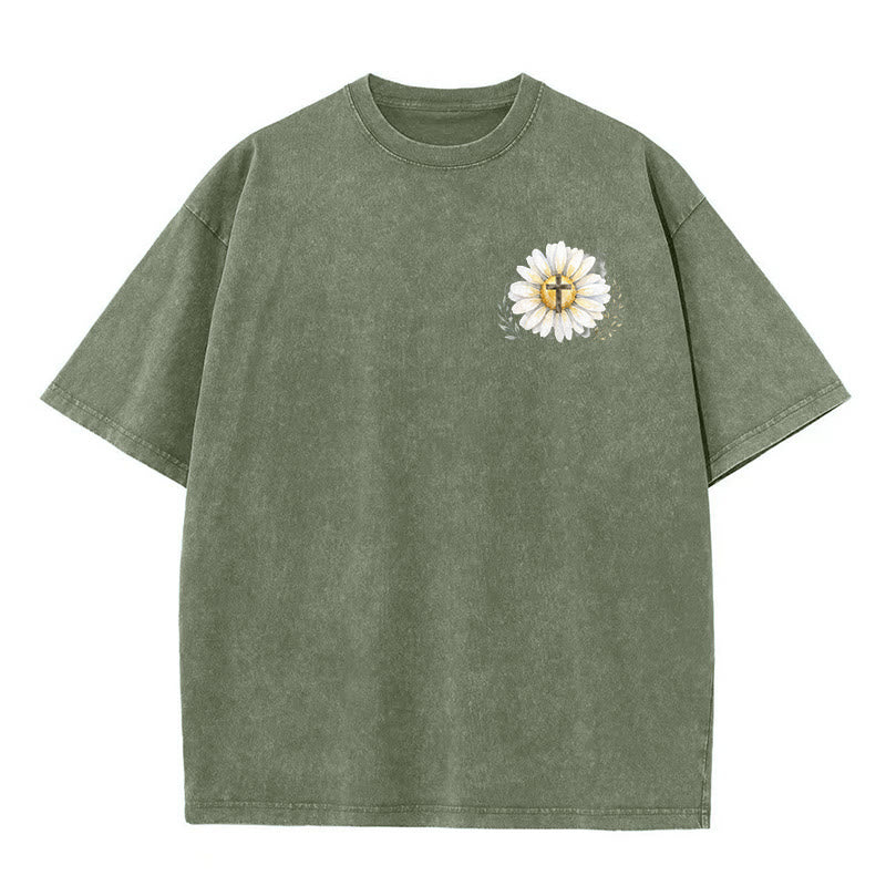 Christianartworkshop Jesus Saved My Life Watercolor Daisy Cross Front And Back Print Washed T-Shirt