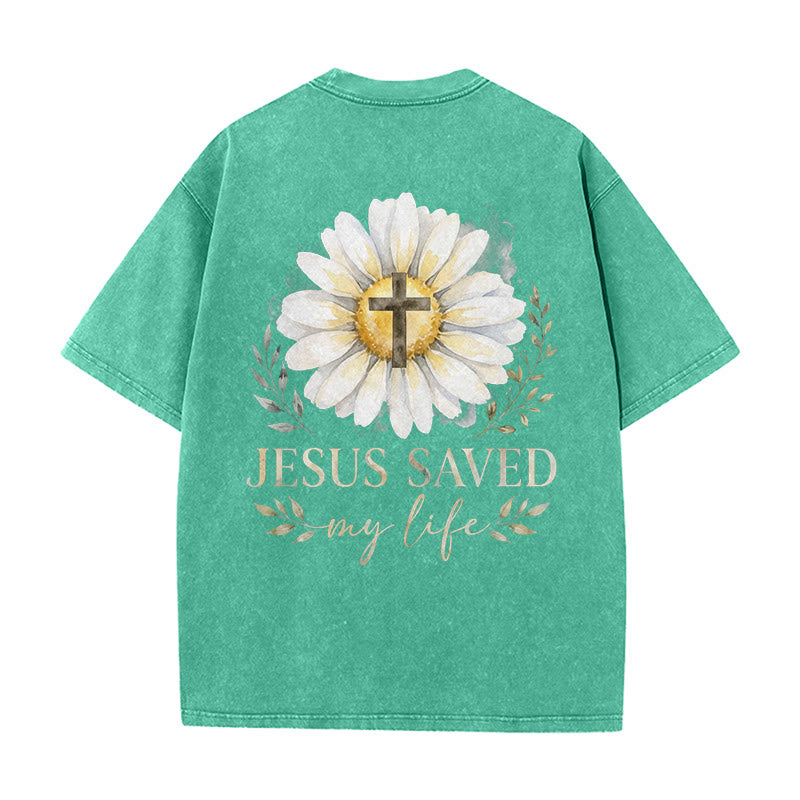 Christianartworkshop Jesus Saved My Life Watercolor Daisy Cross Front And Back Print Washed T-Shirt