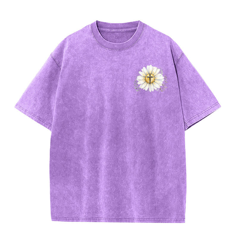 Christianartworkshop Jesus Saved My Life Watercolor Daisy Cross Front And Back Print Washed T-Shirt