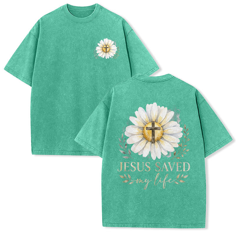 Christianartworkshop Jesus Saved My Life Watercolor Daisy Cross Front And Back Print Washed T-Shirt