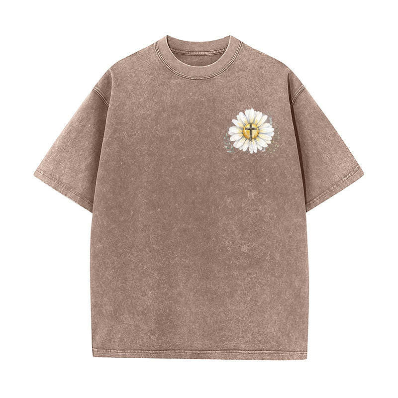 Christianartworkshop Jesus Saved My Life Watercolor Daisy Cross Front And Back Print Washed T-Shirt